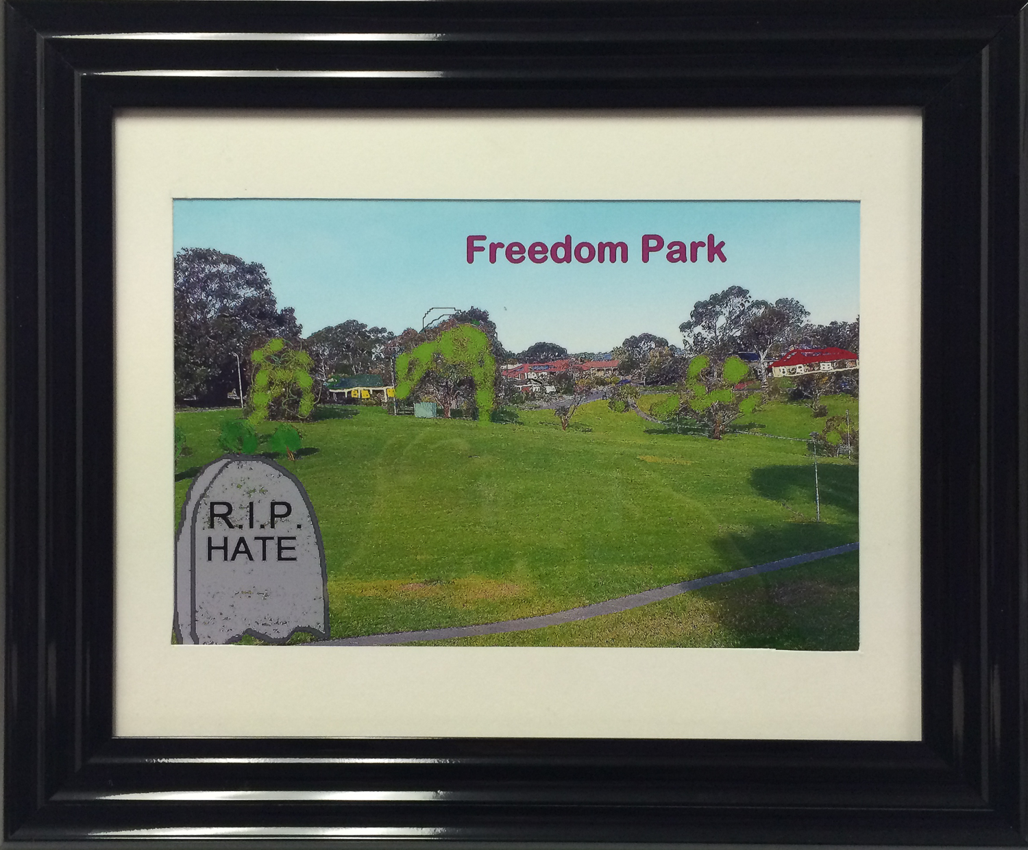 Painting of park with a tombstone that says RIP hate