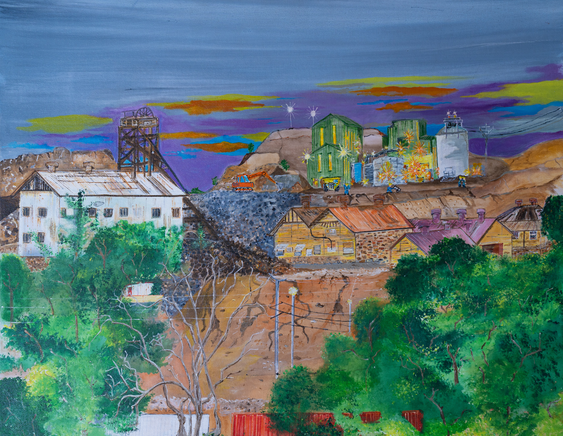 Painting of the mine site at Broken Hill, under a purple sky