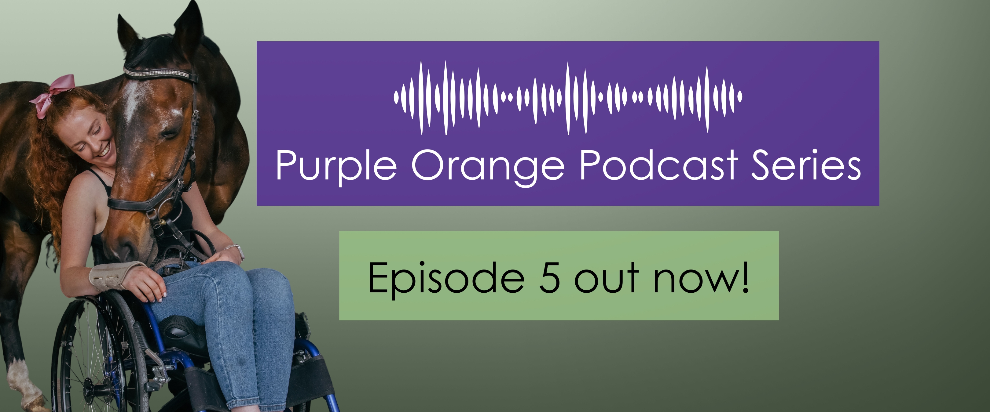 Green gradient background with dark purple box containing white audio wave graphic and words "Purple Orange Podcast Series". Close up photo of Matt to the right. Light green box says "Season 2 streaming now. Listen to Episode 2."