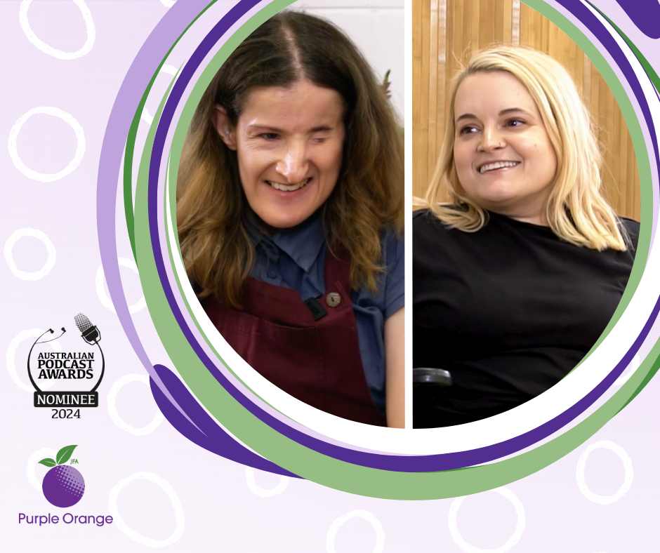 Light purple background with white hollow spots. Swirling accents around photo of Ellen and Belle, smiling at each other. PO logo and Australia Podcast Awards logo on left.