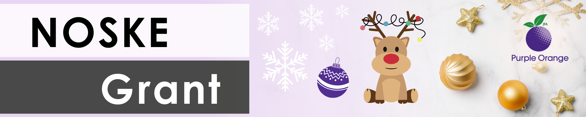 light purple and white marble christmas background with ornaments, a cartoon reindeer and text Noske Grant.