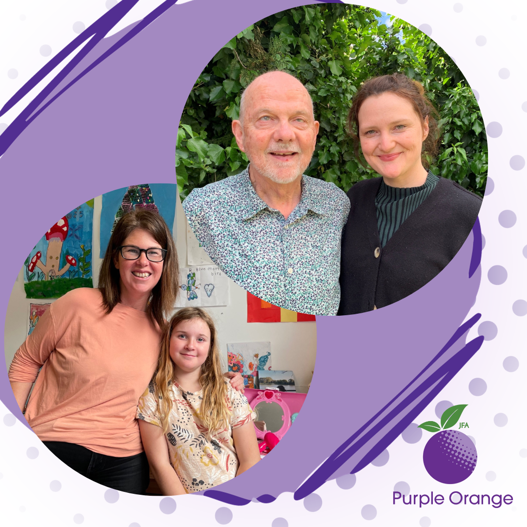 purple gradient with darker purple dots in the background. The PO logo in the bottom corner. Grey purple misshapen circle with dark purple lines borders a dark purple circle with photos of Mike and Lucilla and Mikaela and Ivy, smiling at the camera.