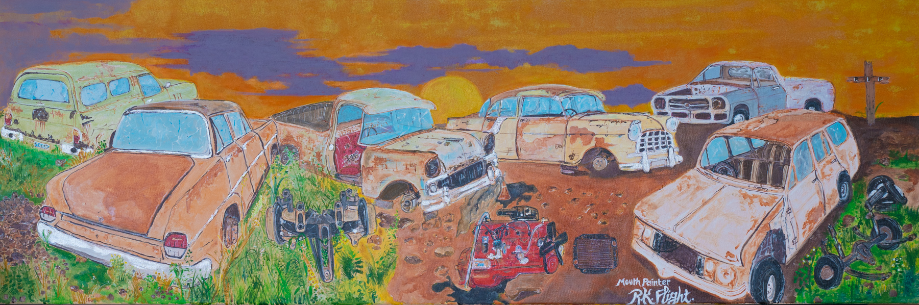 Painting of rusted old cars with an orange and purple skye