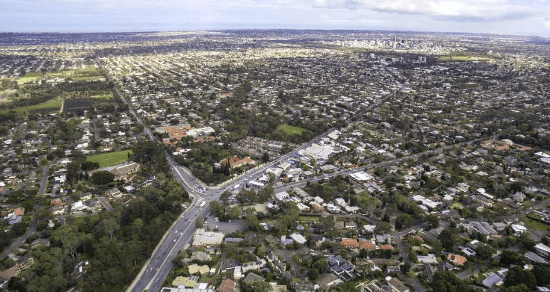 Aerial shot of a suburban area.