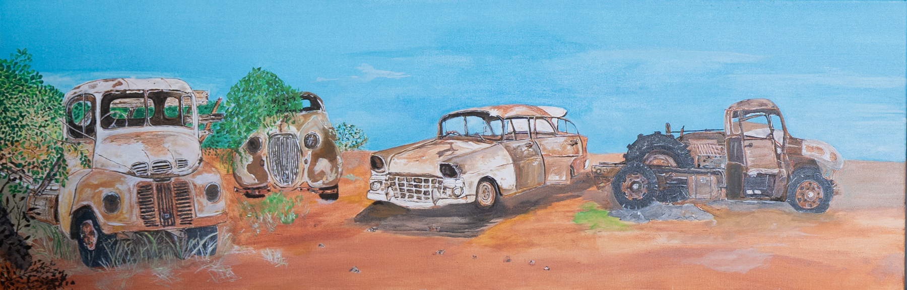 Painting of rusty cars under a blue sky