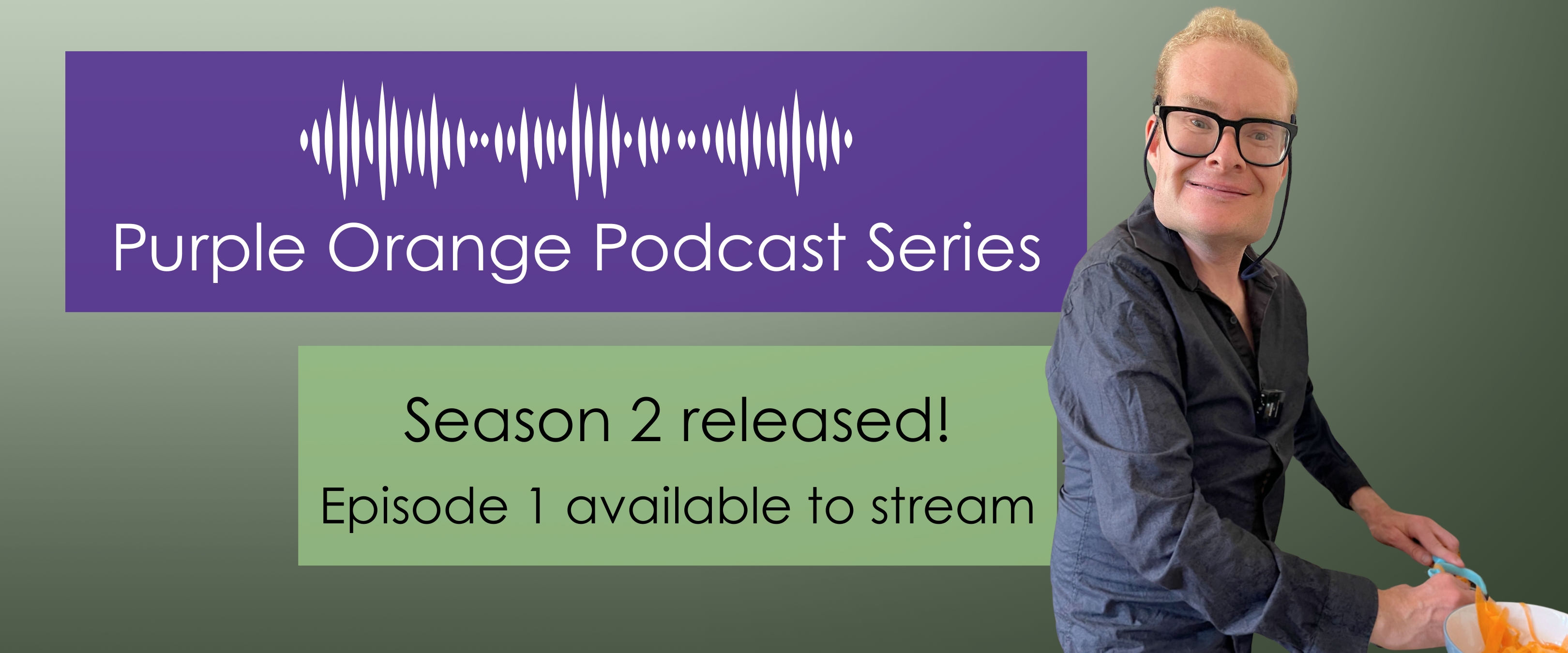 Dusty purple background with dark purple box containing white visual of audio and the words "Purple Orange Podcast Series" underneath. A photo of Esther, a woman of colour, sitting in her motorised wheelchair. Light purple box says "Episode 4 released!"