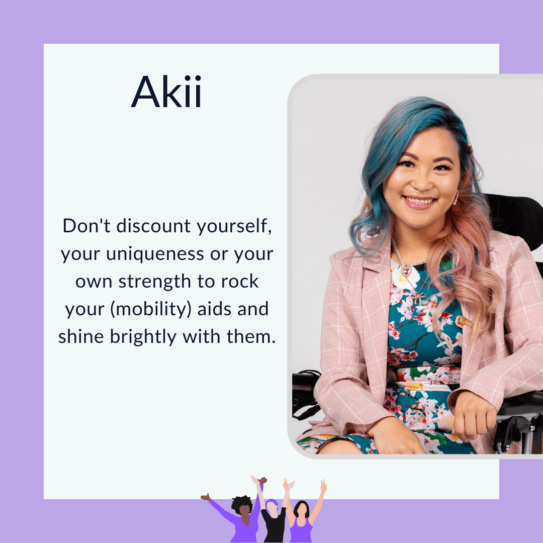 Text graphic with purple border and photo of Akii smiling to camera. They are an Asian person with long wavy pink and blue hair, wearing a pastel pink blazer over a turquoise floral dress. 