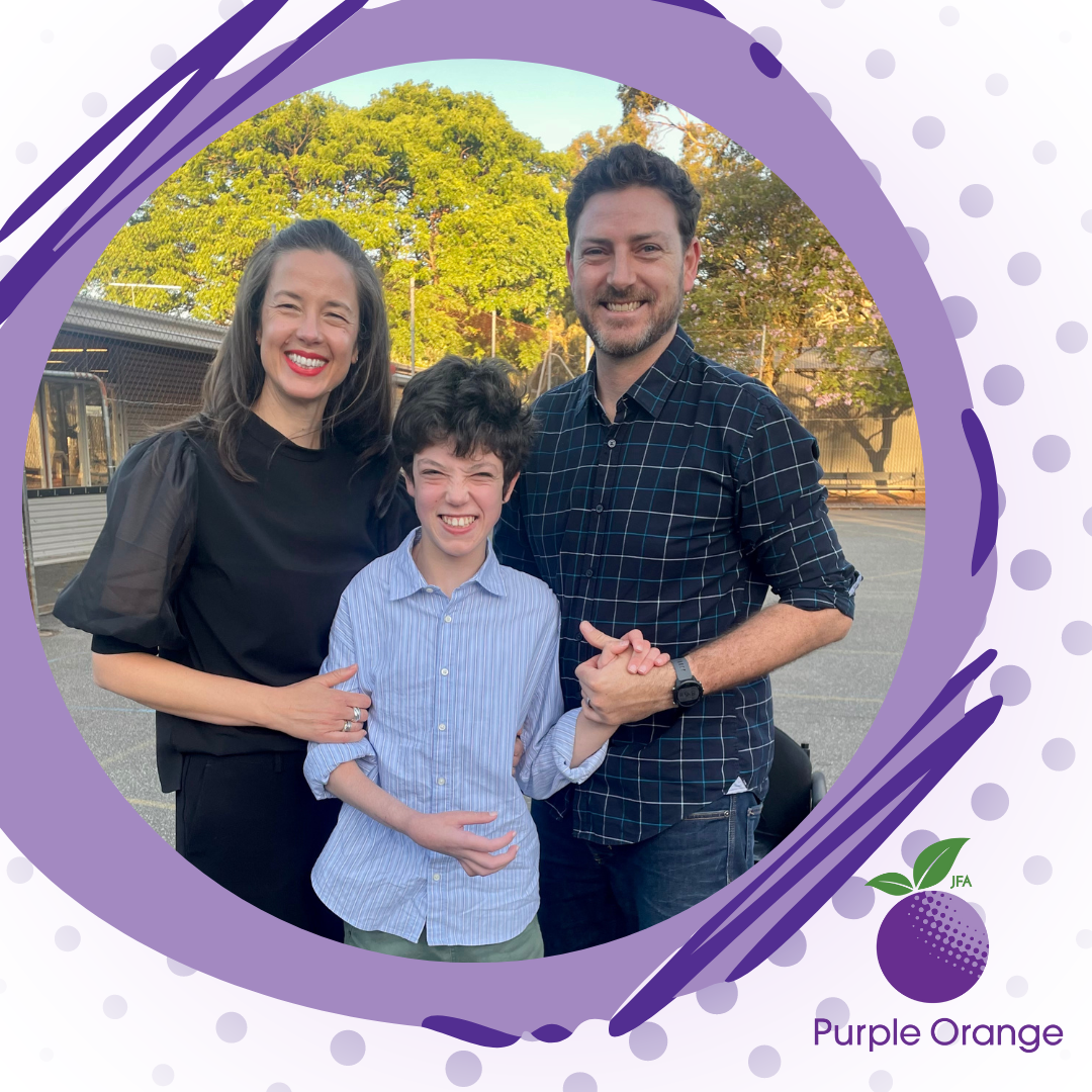 light purple gradient with dark purple dots in the background. The Purple Orange logo in the bottom right corner. A grey purple misshapen circle with dark purple lines borders a photo of Harry, Michaela and Jamie