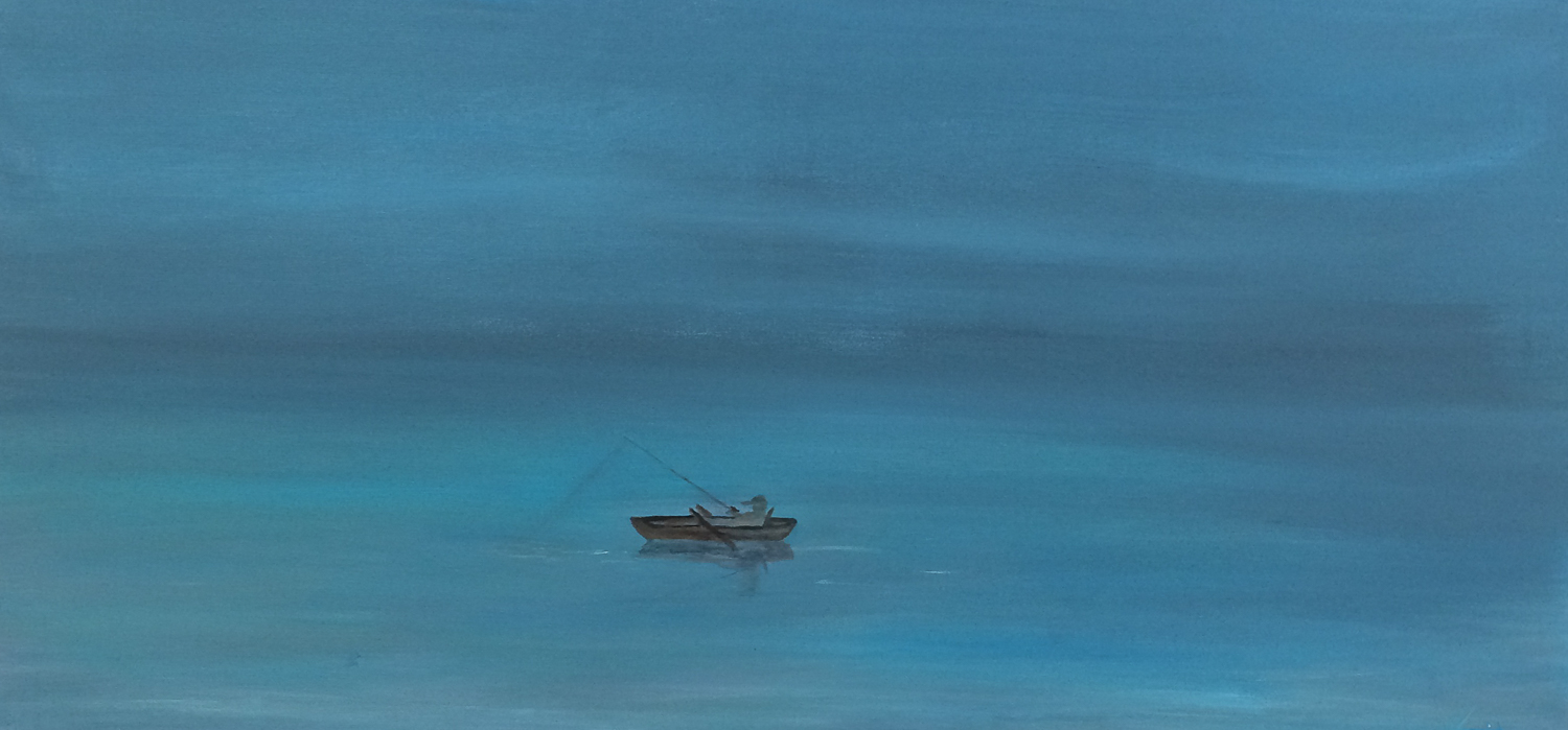 A painting of a tiny boat one a big ocean