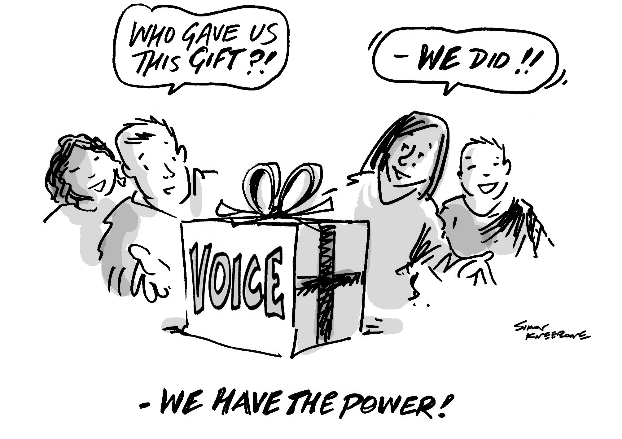 Our Voice cartoon shows people with a gift of their own voices Our Voice cartoon shows people with a gift of their own voices