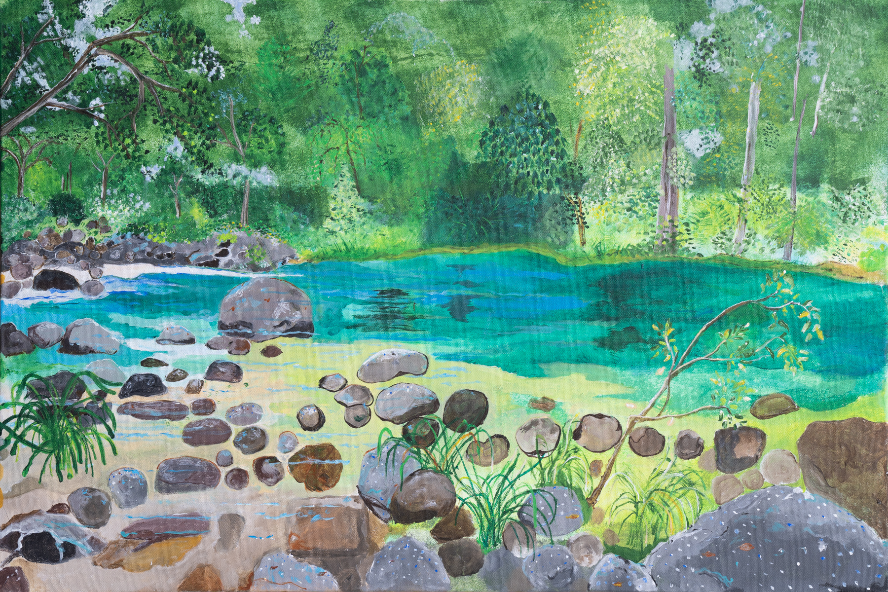 Nature painting, showing a pond, stones and trees