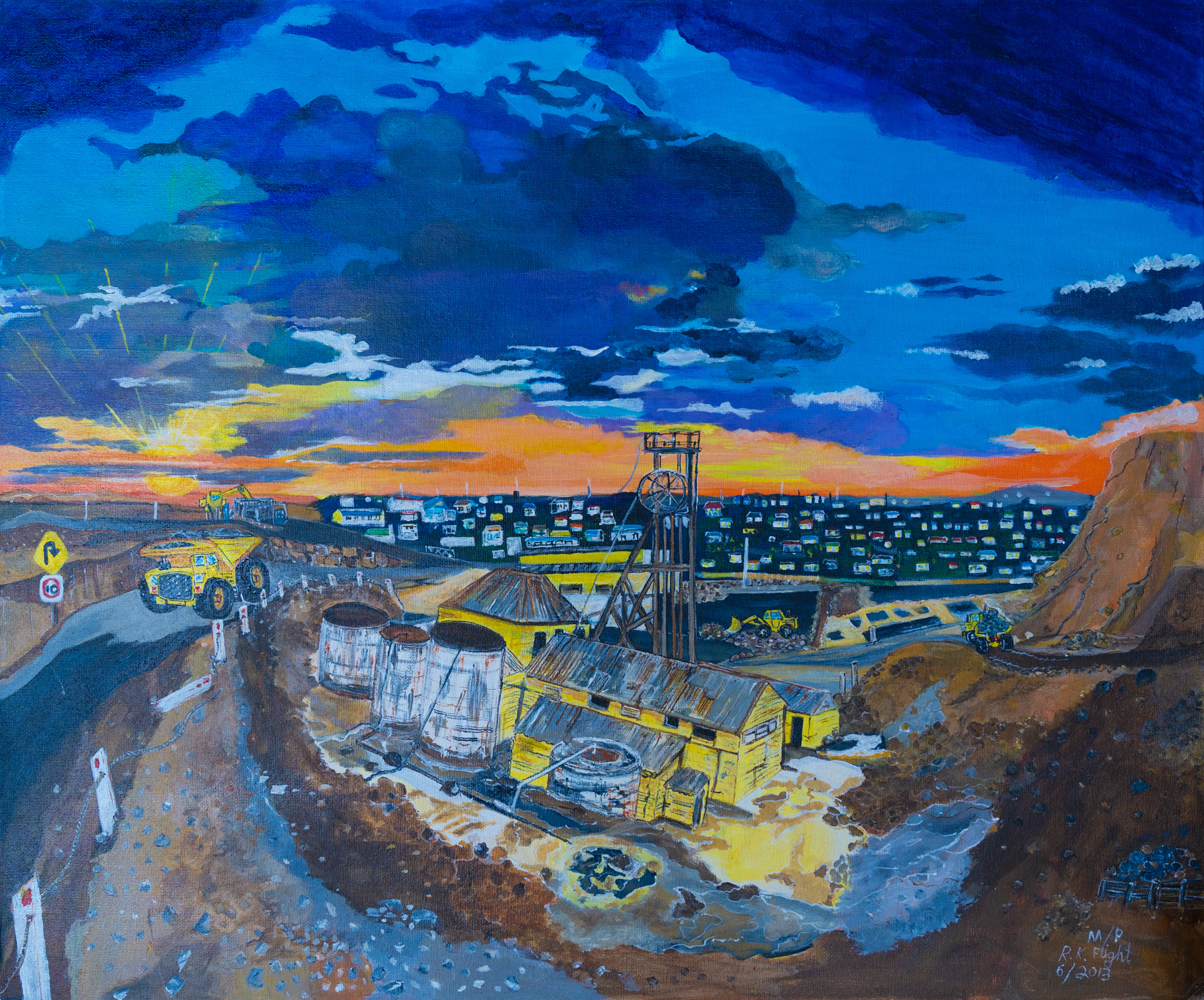 Painting showing the mine at Broken Hill under a dark blue sky