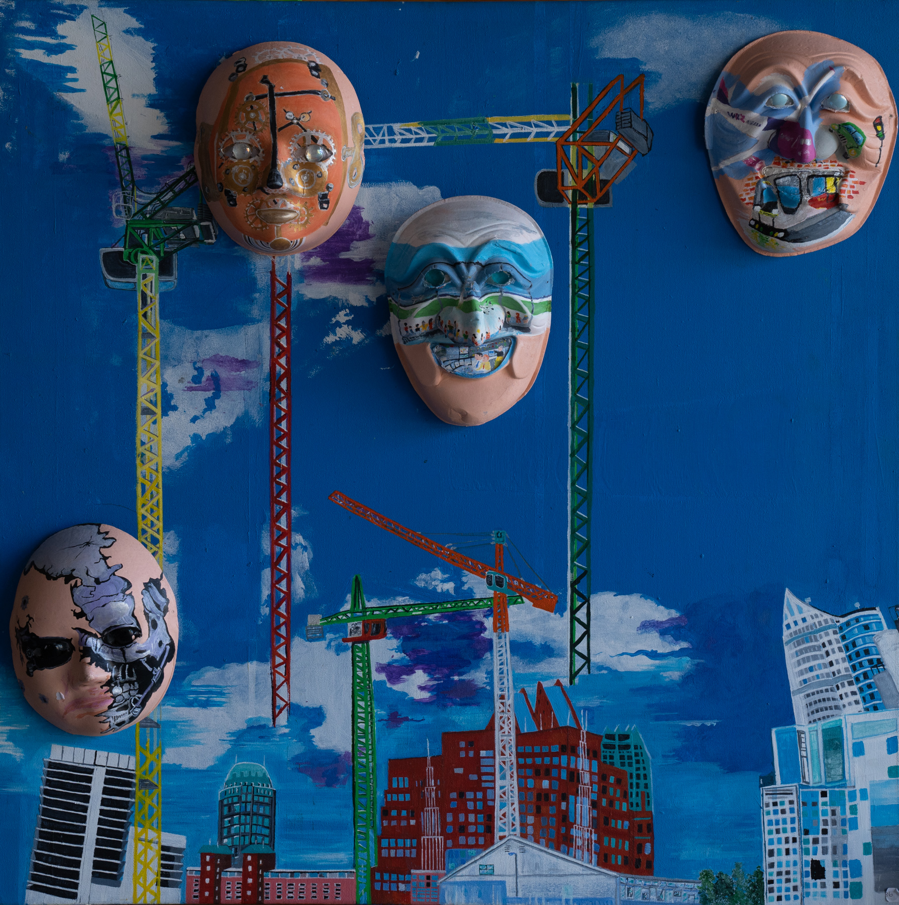 A painting of cranes over a city, with painted masks in the sky