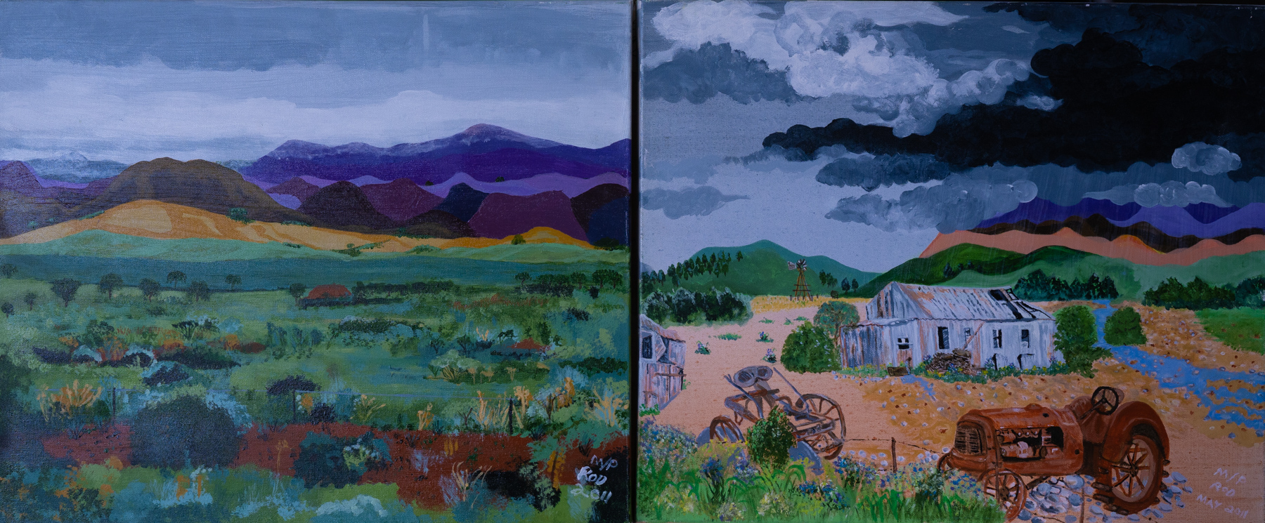 Two paintings of country scape with moody purple, blue, grey sky