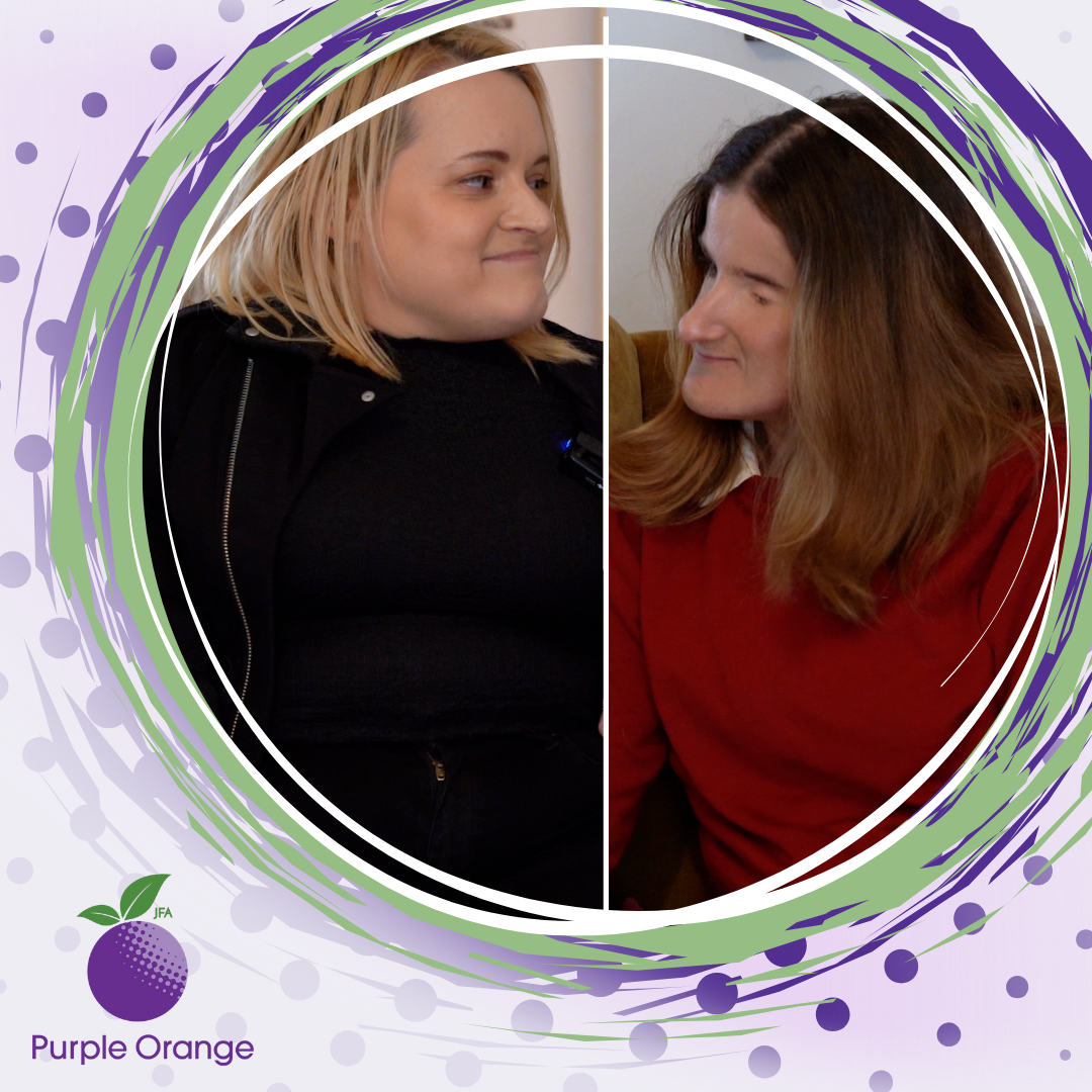 light purple background with spots. dark purple circle with dusty purple, light green and white swirling accents. Photo of Belle and Ellen looking at each other, smiling.