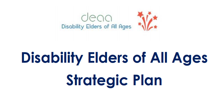 Image shows the logo for DEAA, with navy text below that says 'Disability Elders of All Ages Strategic Plan".