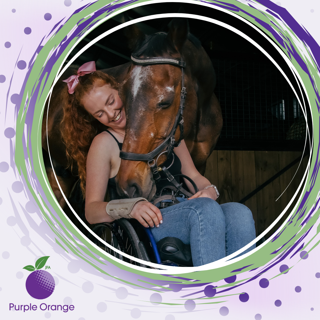 Spotty and circular background with purples and greens. Photo of Jessie and her horse, her horse wrapping his head around her to giver her a hug.