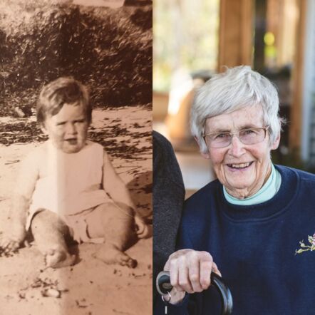 Photo shows a montage of Vida. The left photo is a black and white photo of Vida as a baby, and the right is a current photo of Vida - she is an elderly lady with short-cropped white hair, glasses, a big smile, and wears a navy jumper.