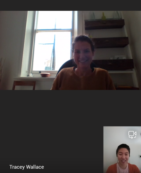 Teams call between Tracey and Isabel. Tracey is wearing an orange jumper and in her study, with a wide window and shelves behind her. Isabel is wearing a pink top with a rust coloured cardigan over it and earphones. Both are smiling at the camera.