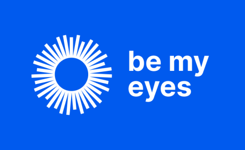 Written in white on a bright blue background, reads 'be my eyes'. To the left of the words is a white symbol that looks like a sun / iris.