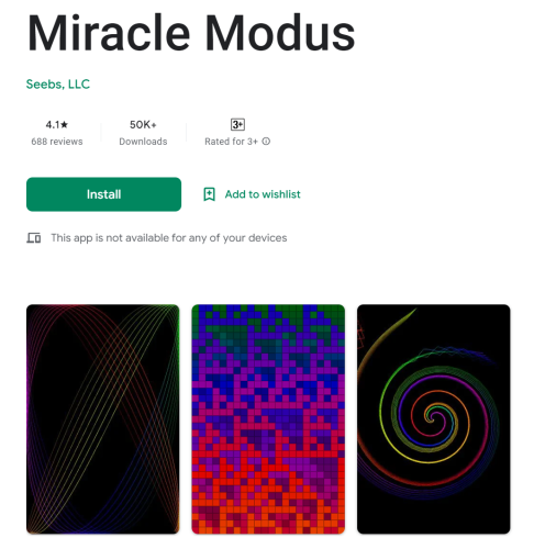 Three rectangles appear below the words Miracle Modus. The left rectangle is black with thin white diagonal lines. The centre one is filled with small coloured squares. The right one is black with a colourful spiral in the centre.