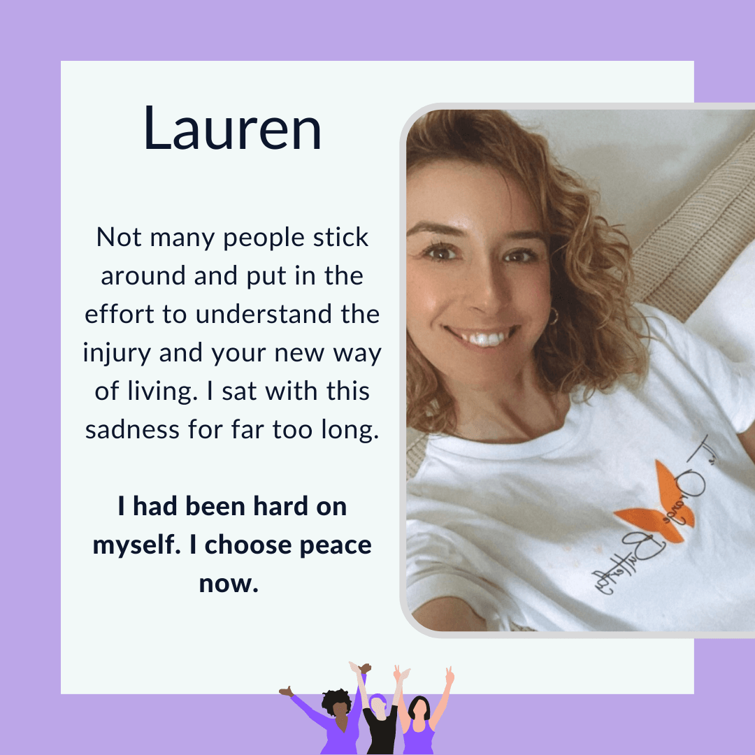 Text graphic with purple border and selfie photo of Lauren wearing a white shirt with the Orange Butterfly logo.
