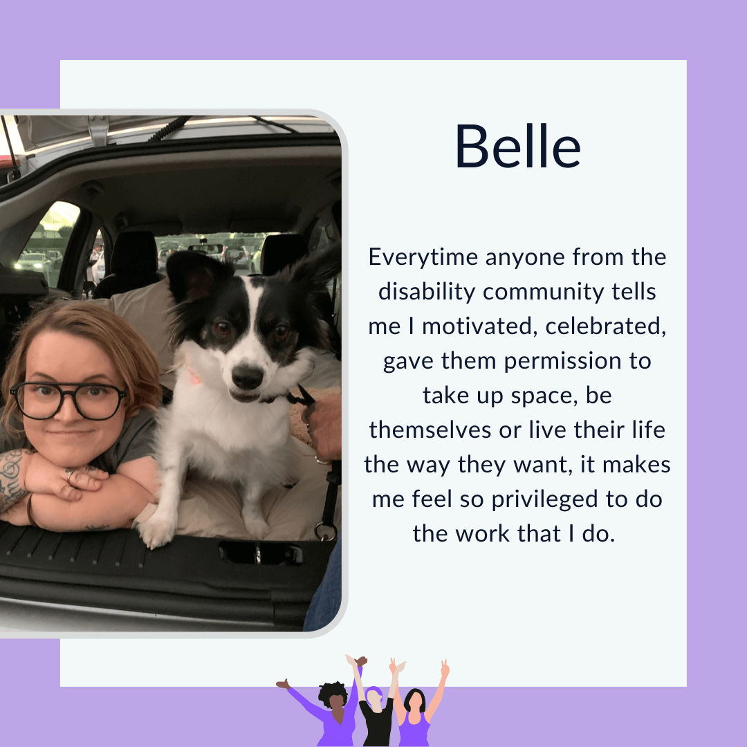 Text graphic with purple border and photo of Belle and her dog, Dolly lying in the open boot of a car filled with cushions.